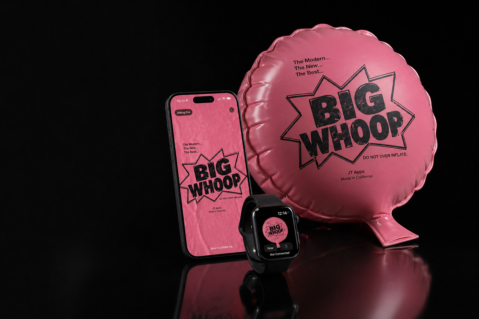 Big Whoop pink cushion with iPhone and Apple Watch app screens